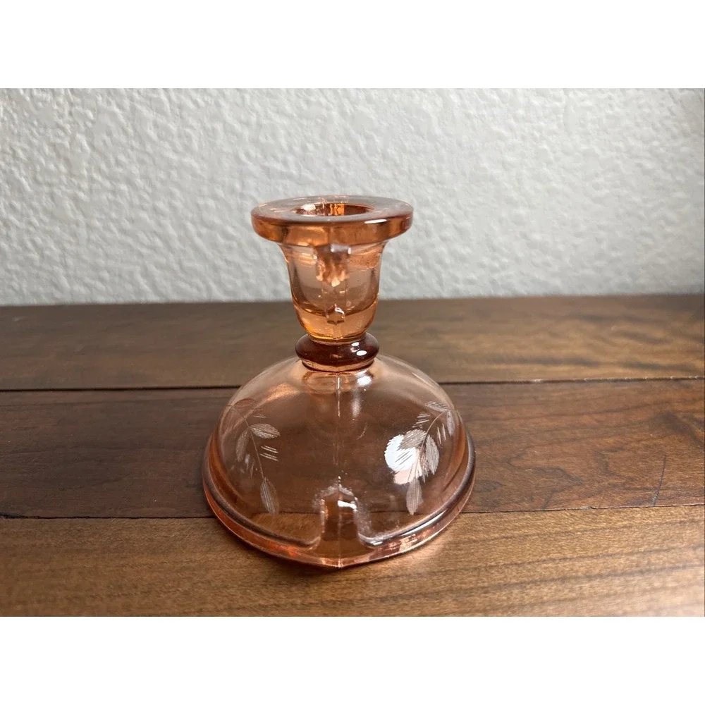 Vintage 1920s imperial glass double scroll rose pink candlestick cut floral...